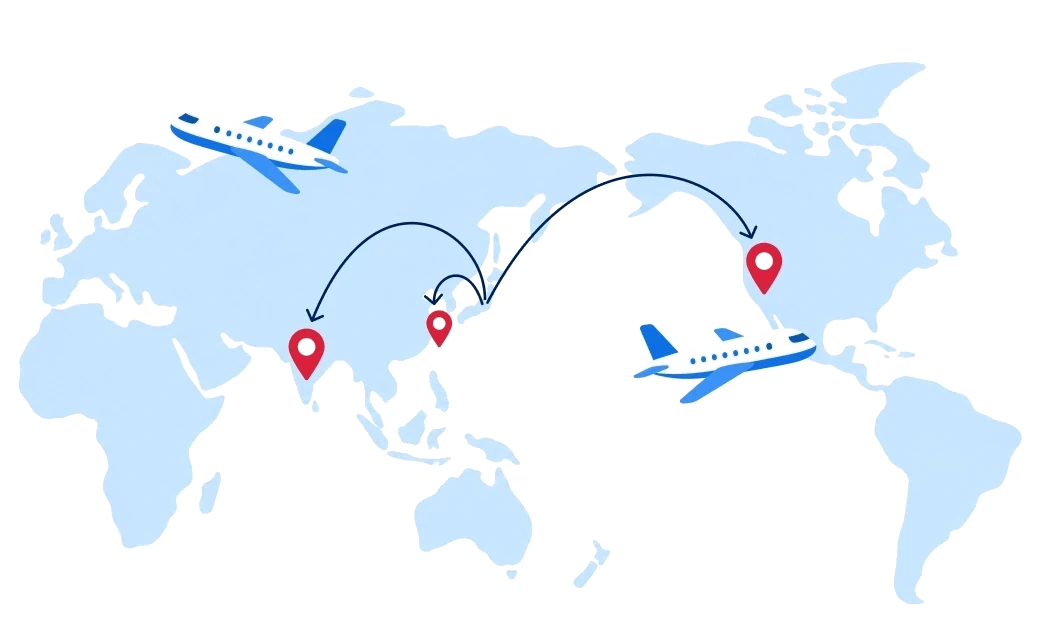 世界地図上に台湾・インド・北米への海外視察ルートを示した図